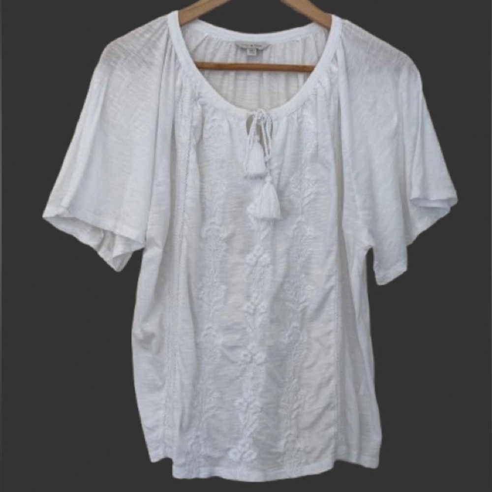Lucky Brand Peasant Top Tassel Embroidered Flutter Sleeve White Flowy Bohemian M